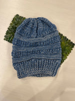 Blue/White Winter Beanie Hat with Ponytail Opening