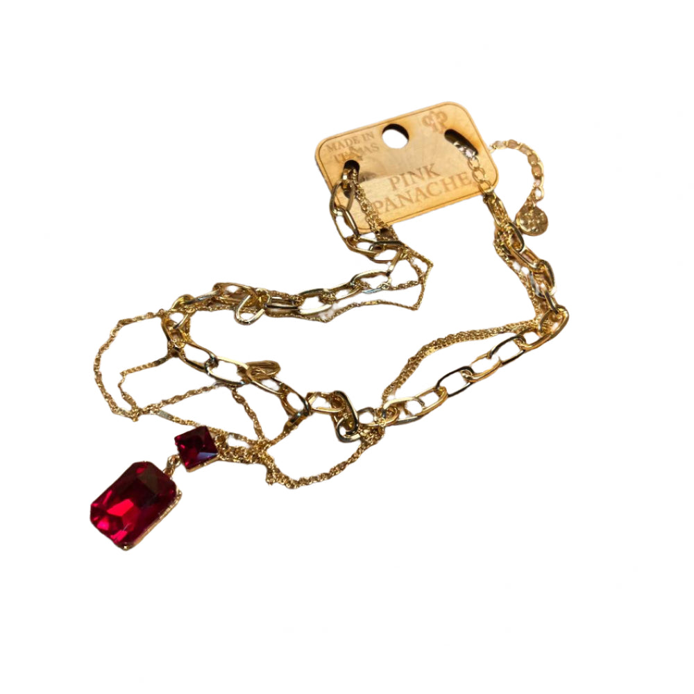 Pink Panache Triple Gold Chain with Double Red Rectangle Rhinestone Necklace
