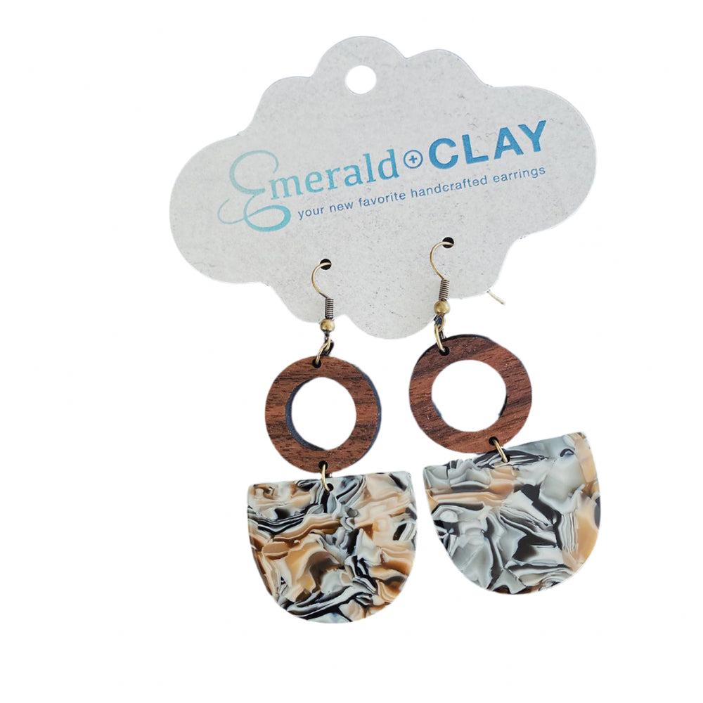 Emerald + Clay Open Wood Circle & Granite Acrylic Drop Earrings