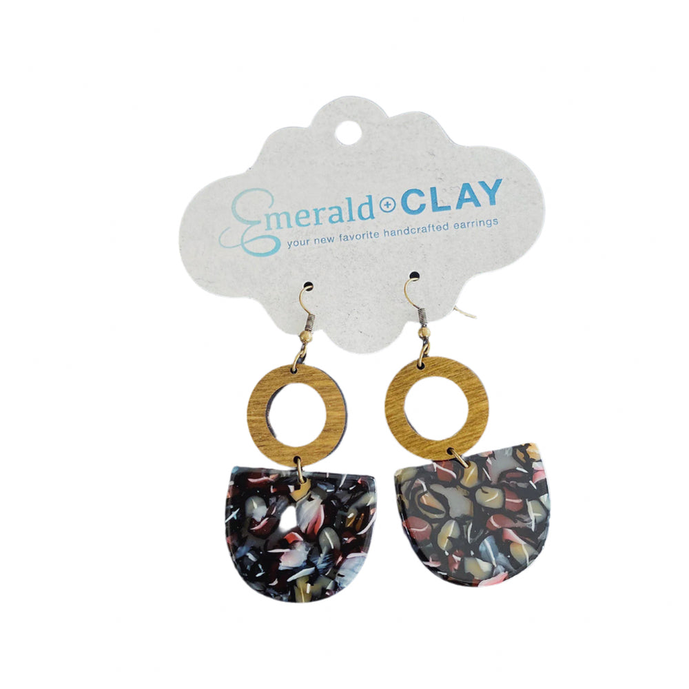 Emerald + Clay Open Wood Circle & Colored Pebble Acrylic Drop Earrings