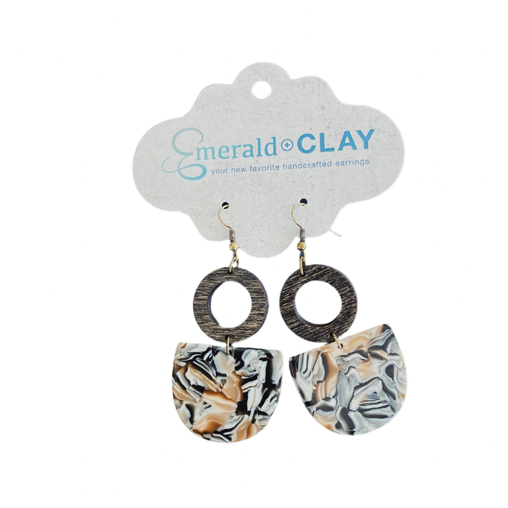 Emerald + Clay Open Wood Circle & Granite Acrylic Drop Earrings