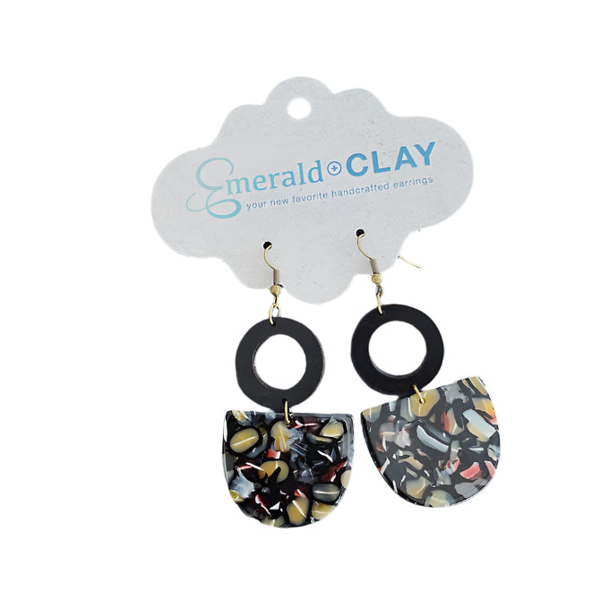 Emerald + Clay Open Wood Circle & Colored Pebble Acrylic Drop Earrings