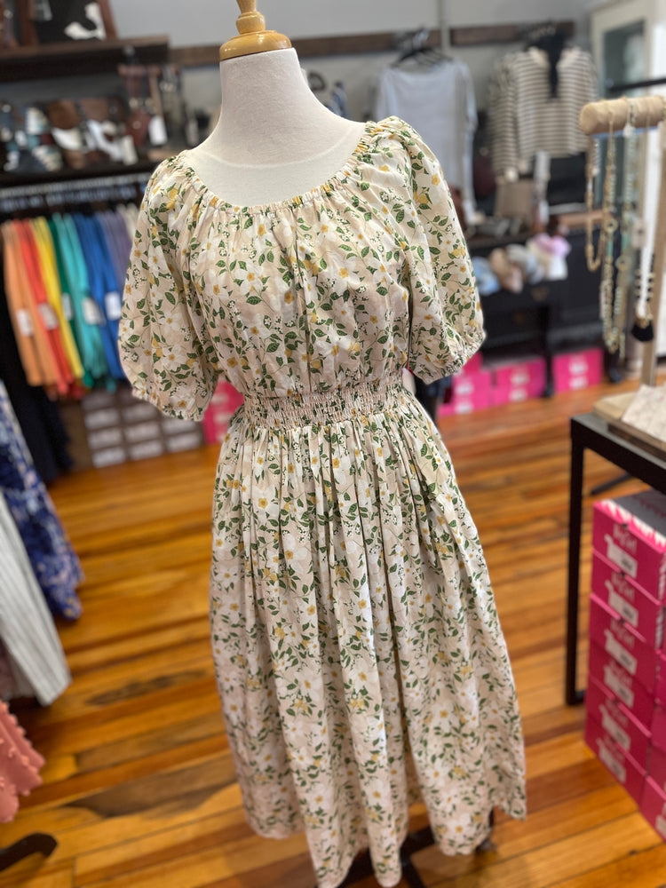 Downeast Yellow Floral Smocked Waist Dress