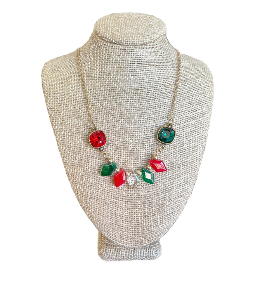 Pink Panache Bronze Red Green & Clear Bead Necklace