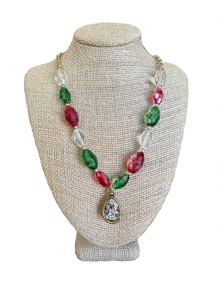 Pink Panache Gold Green Red & Clear Bead Necklace