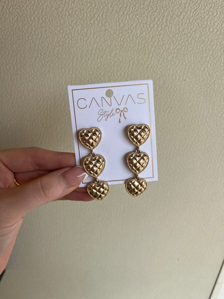 Canvas Quilted Gold Metal Triple Heart Drop Earrings 23501E-GD-HRT
