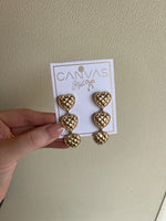 Canvas Quilted Gold Metal Triple Heart Drop Earrings 23501E-GD-HRT