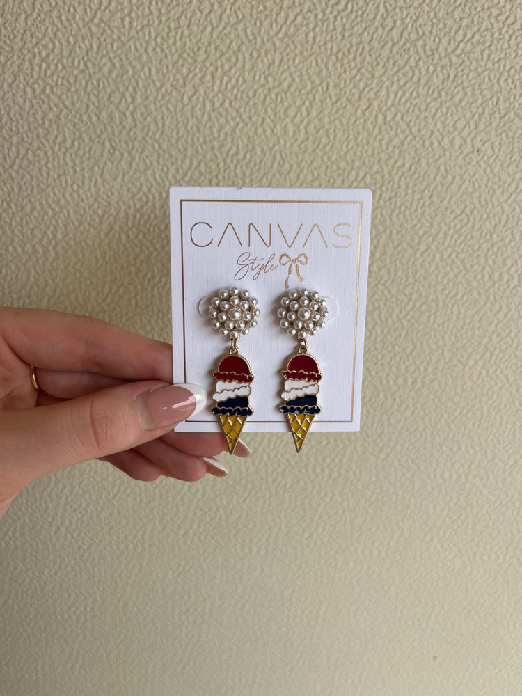Canvas Red White & Blue Ice Cream Cone Pearl Cluster Enamel Earrings 24362E-GD