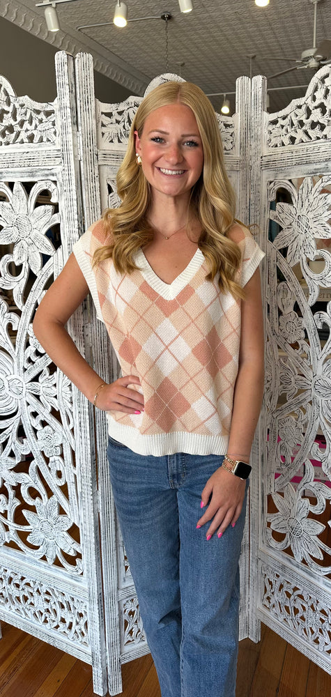 Dreamers Plaid Ivory & Pink Sweater Vest STA2854-R