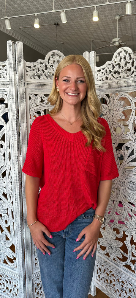 EESOME Red Knit V-Neck Short Sleeve Top SG6949