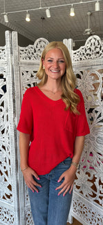 EESOME Red Knit V-Neck Short Sleeve Top SG6949