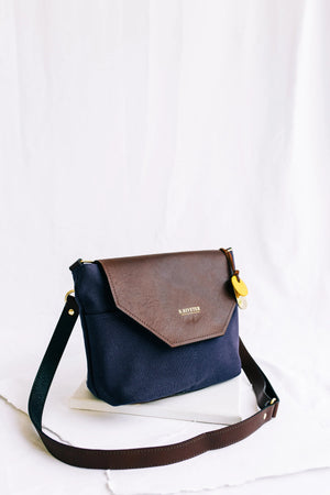 R. Riveter Hobby Signature Navy Canvas and Brown Leather Handbag CR-065-G03-NVY-BN