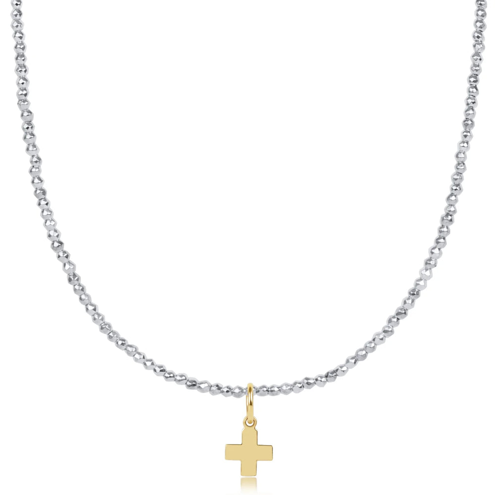 Enewton 17" choker bright silver faceted hematite 2mm bead - signature cross gold charm N17BRSILFHEM2SCG