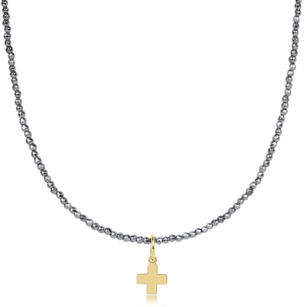 Enewton 17" choker silver faceted hematite 2mm bead - signature cross gold charm N17SILFHEM2SCG