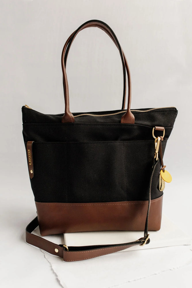 R. Riveter Williams Signature Black Canvas and Brown Leather Tote CR-032-G01-BLK-BN
