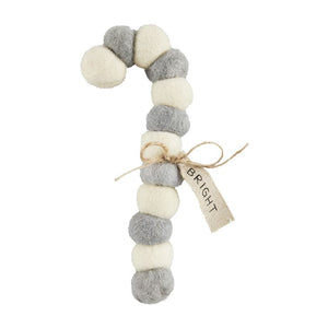 Mud Pie Felted Pom Candy Cane Ornament Gray and White