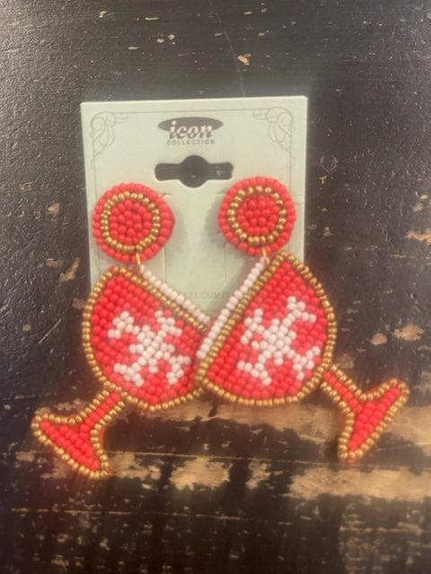 Red/White Snowflake Cocktail Beaded Dangle Earrings